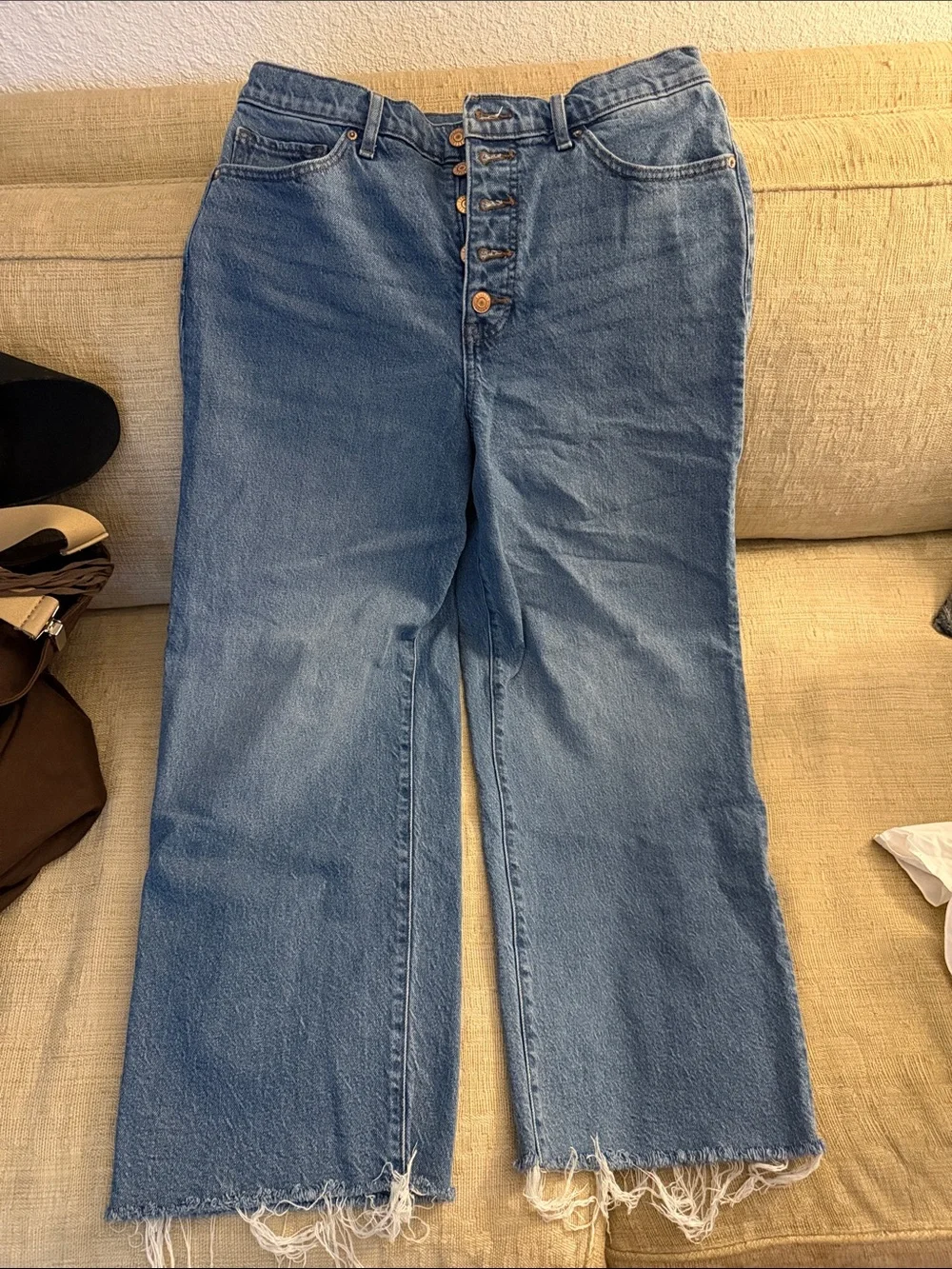 Express Men’s Blue Denim Jeans with Tan Leather Patch